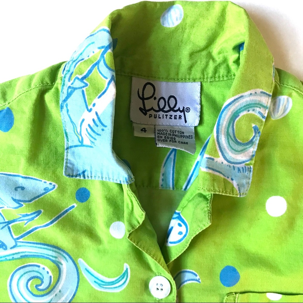 Lilly Pulitzer Green and Blue Shark Print Button Down Shirt - Picture 4 of 6